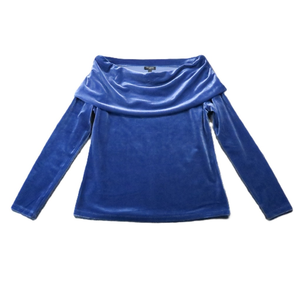 Talbots Draped Boat Neck Velvet Top PS Blue Velour Off Shoulder Holiday Party